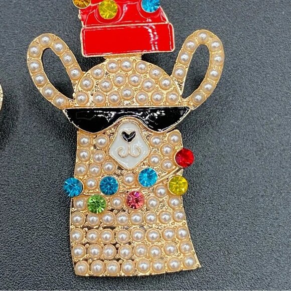 Festive Llama Reindeer Rhinestone Beaded Christmas Earrings - Pierced - Picture 5 of 7